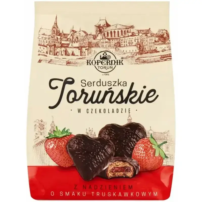 Pierniki Toruńskie Kopernik w czekoladzie z nadzieniem truskawkowym 150g